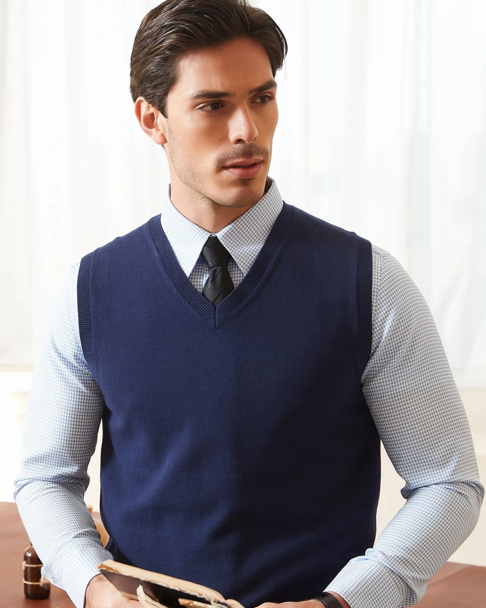Kallspin Hombres de Algodón sin Mangas Jerseys Cuello en V de Punto Chalecos Suéter Chaleco Corte Relajado Pullover