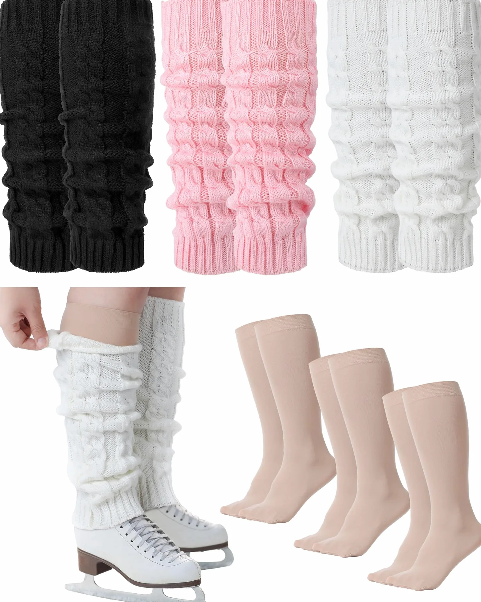Chuarry Juego de 6 pares de calentadores de piernas para mujeres y niñas, calentadores de piernas largas de punto, calcetines de patinaje, calcetines de pantorrilla para patinaje artístico