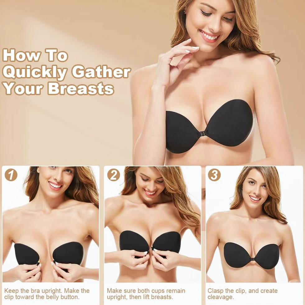 Flintronic 3 Pares Sujetador Adhesivo sin Tirantes, Invisible Silicona Bra Push Up, Reutilizable