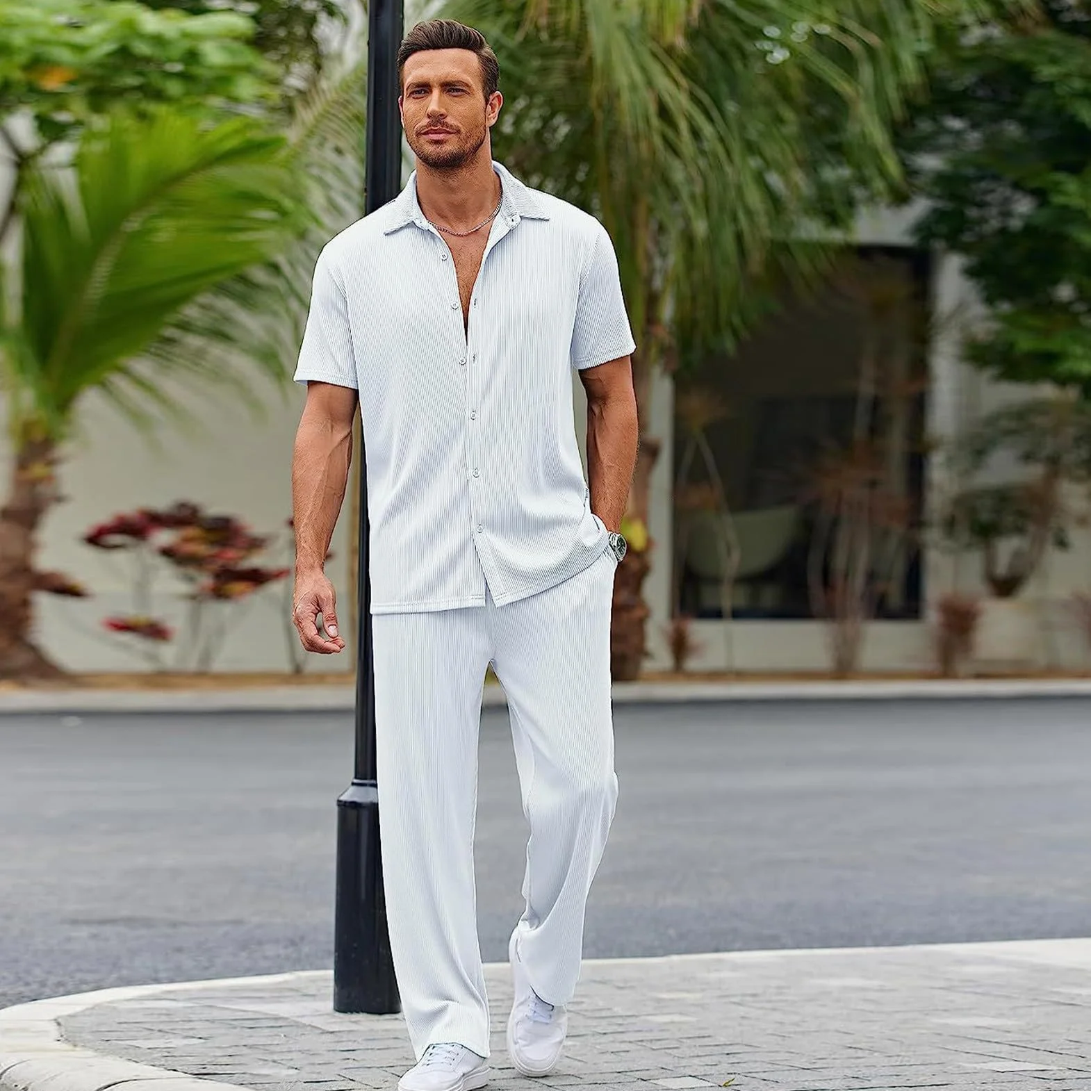 Hombre 2 Piezas Trajes Casuales Manga Corta Camisa Abotonada & Drawstring Pantalón Suave Verano Traje