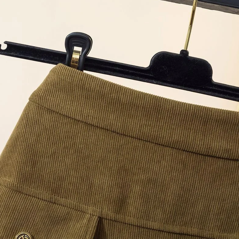 Falda Larga De Pana De Invierno para Mujer, Elástica, De Cintura Alta, Gruesa, Cálida, Informal, Elegante, De Corte A, Plisada, Midi con Bolsillos