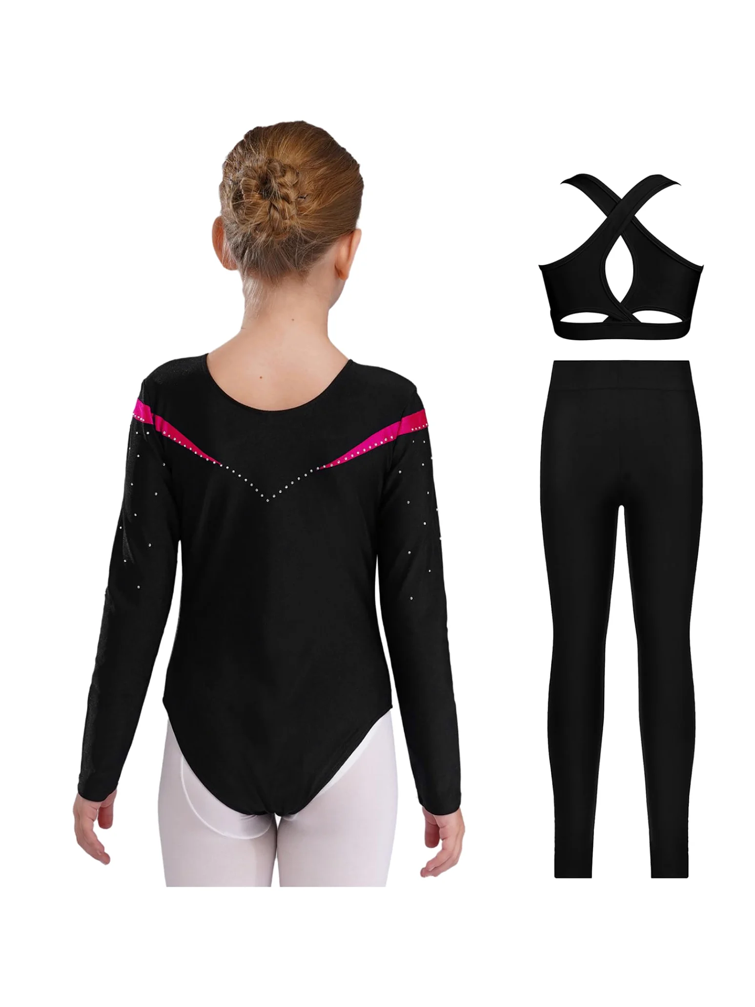 Piezas De Traje De Gimnasia Con Destellos Para Niñas Leotardos De Gimnasia De Manga Larga Tops De Deporte Brasier Y Pantalones Traje De Baile Para Rosa oscuro 9-10 años