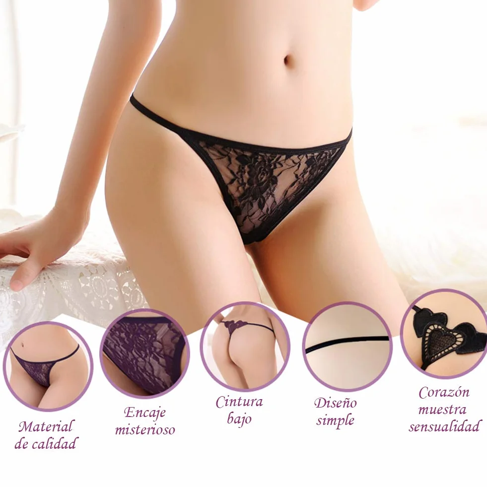 VicSec 4 Pack Braguitas Sexy Encaje Fina Tanga G-String Lencería Interior Espalda Decora Corazon Talla Única (Negro Blanco Rojo Azul)