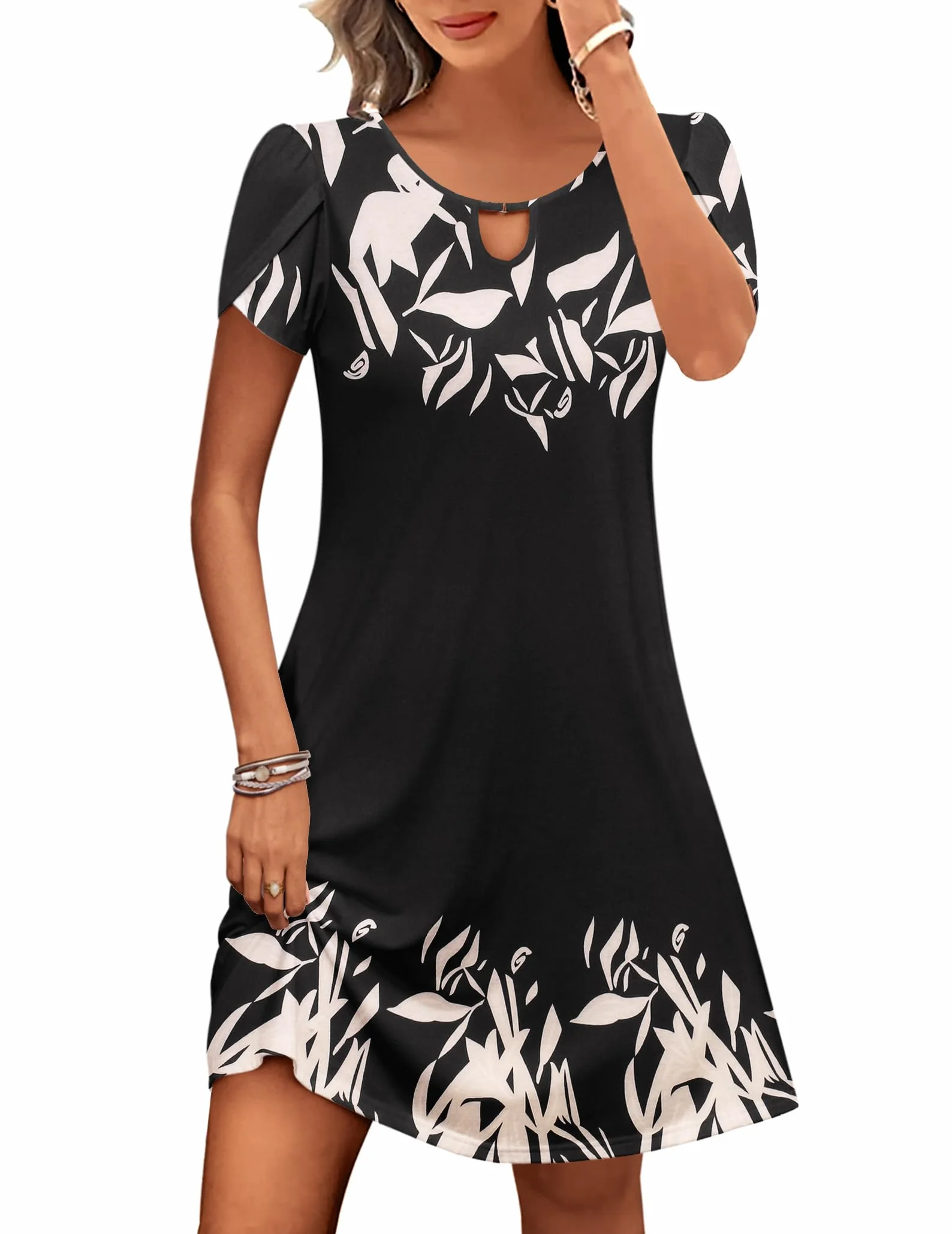 Zeagoo Vestido casual acampanado para mujer manga corta floral con bolsillos tallas S-XXL