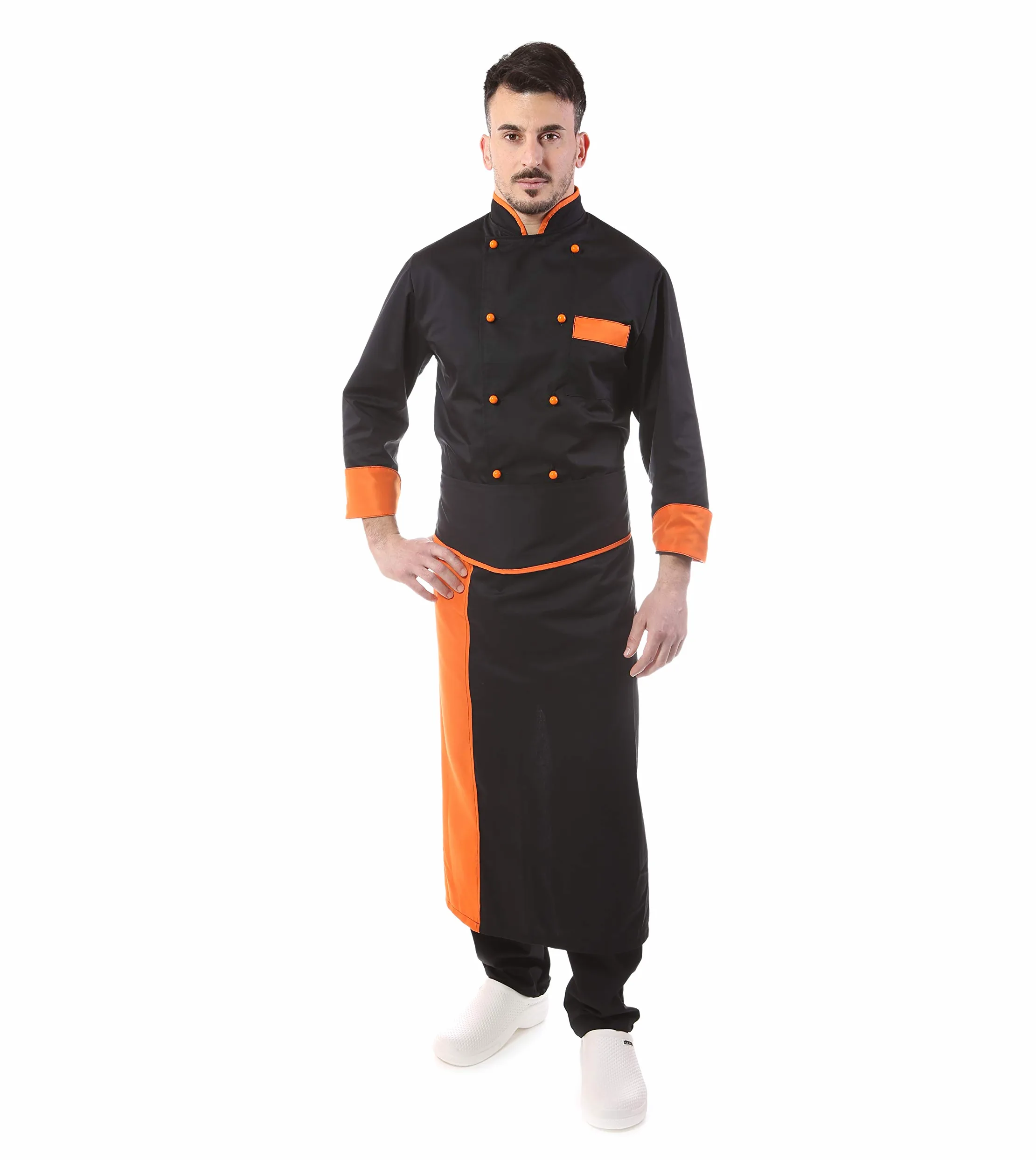 Bordado gratuito – Conjunto de cocinero para hombre – Negro y naranja – Uniforme Chef – Chaqueta, pantalones y delantal – Uniforme para cocina y restaurante – Fabricado en Italia