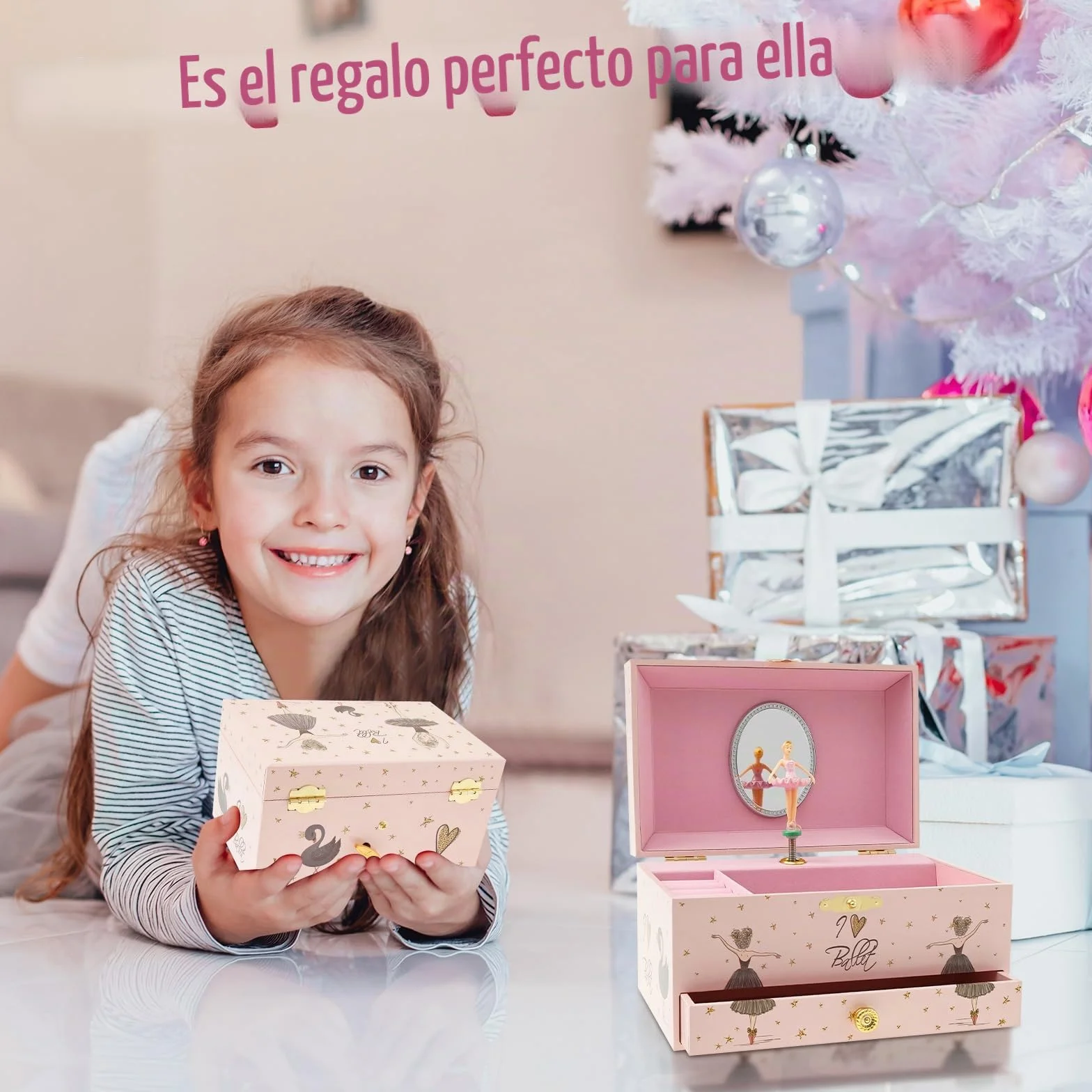 Joyero niña Joyero musical para niños, caja de música con unicornio giratorio, para niñas y niños, con espejo, regalo de cumpleaños (niña de ballet rosa y negro)