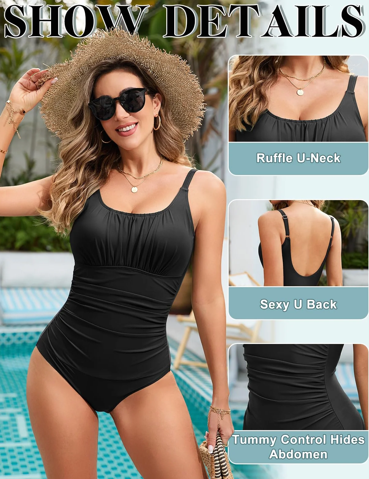 Vancavoo Bañador de Una Pieza Mujer Reductores Traje de Baño de Pliegues Cintura Alta Cuello en U Bañadores Push Up Ropa de Baño de Playa de Chaleco