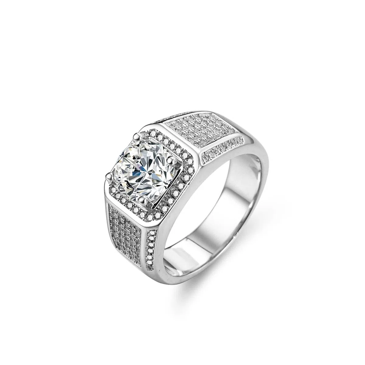 Anillo para hombre de plata de ley de 6 dientes redondo con moissanite de 2 quilates, plata de ley 9 K, oro blanco de 9 quilates, talla 53 (16,9)