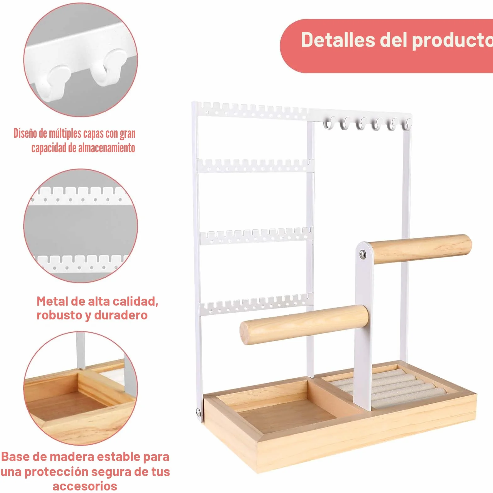 Soporte para joyas, Expositor de Joyas con Bandeja de Madera y Metal para Collares Pulseras Pendientes