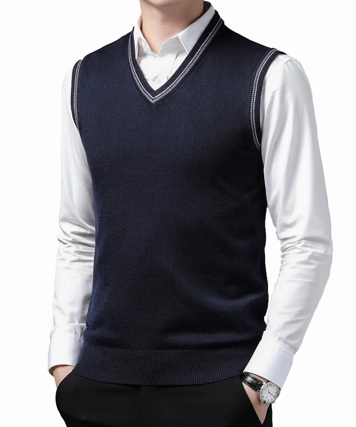Hombres Cuello en V Chaleco sin Mangas Clásico Negocio de Punto Chalecos Sólido Liso Slim Fit Todos los Partidos Suéter Camisetas Otoño Invierno Casual Pullover Chaleco de Punto Cardigans
