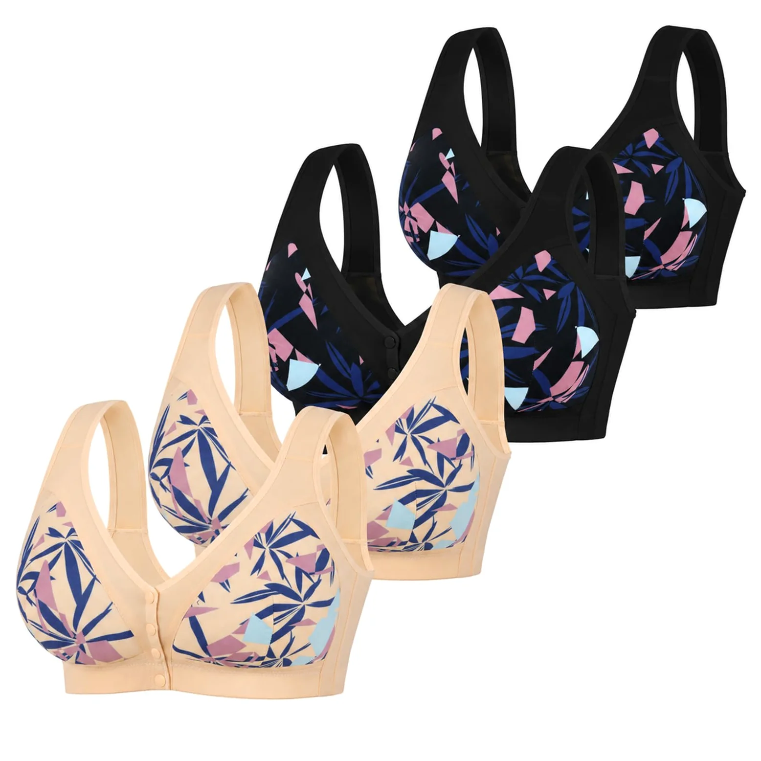 Pack De 4 Sujetadores Sin Aros para Mujer, Ropa Interior Cómoda con Cierre Delantero Y Relleno, Top Tallas Grandes Y Personas Mayores, Diseño Diario Sin Costuras Floral