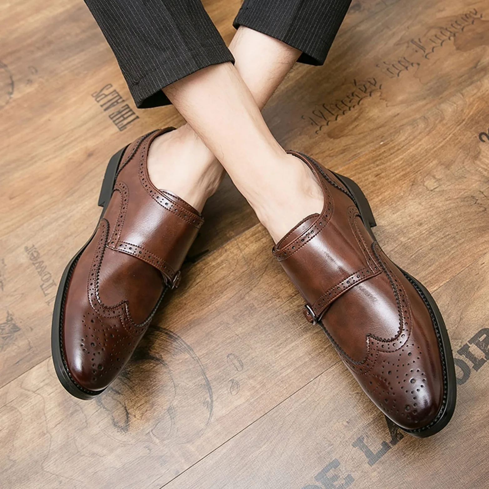 MCMUS Zapatos Oxford for Hombre Slip On Double Monk Strap Brogue Punta de ala en Relieve Faux Leather Block Heel Anti-Slip Suela de Goma Low Top Casual Adecuado para Muchas Ocasiones