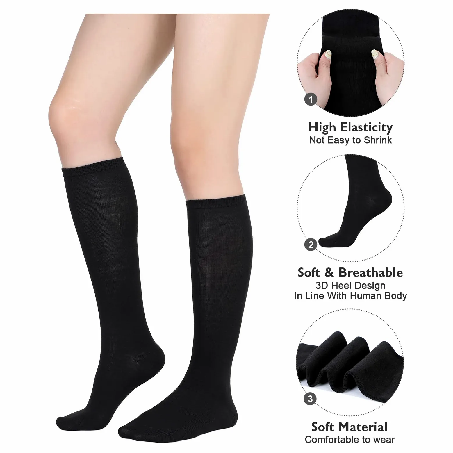 Calcetines altos hasta la rodilla para mujer, calcetines largos atléticos delgados de muslo alto, calcetines deportivos al aire libre, calcetines de tubo casuales, Paquete de 3 Negro, Talla única