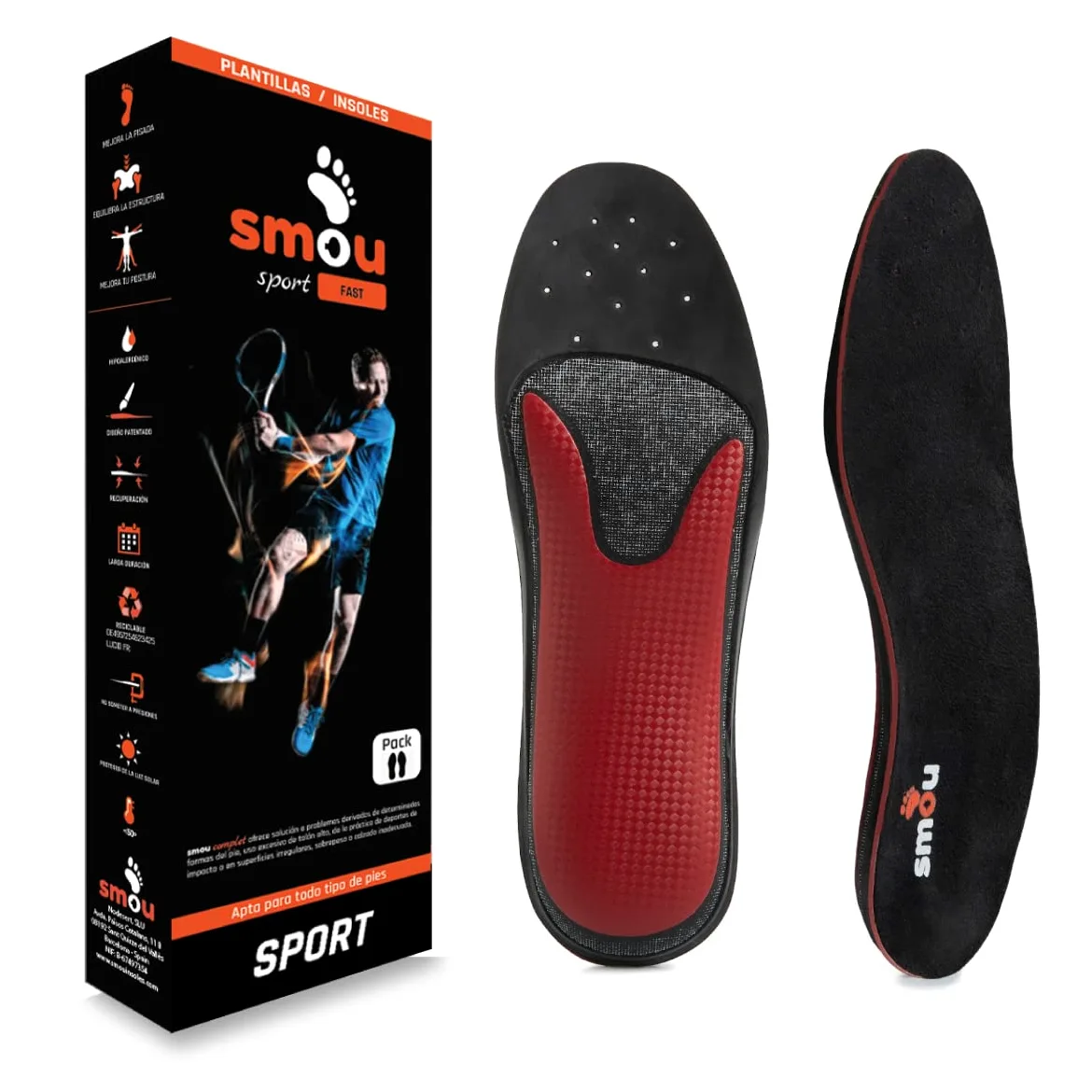SMOU SPORT FAST Plantillas Memory foam para deporte Mujer y Hombre | Padel-Tennis | Impulso-equilibrio | Soporte del arco | Memory foam Gran Amortiguación | Para Zapatillas Deportivas (41-42 EU)