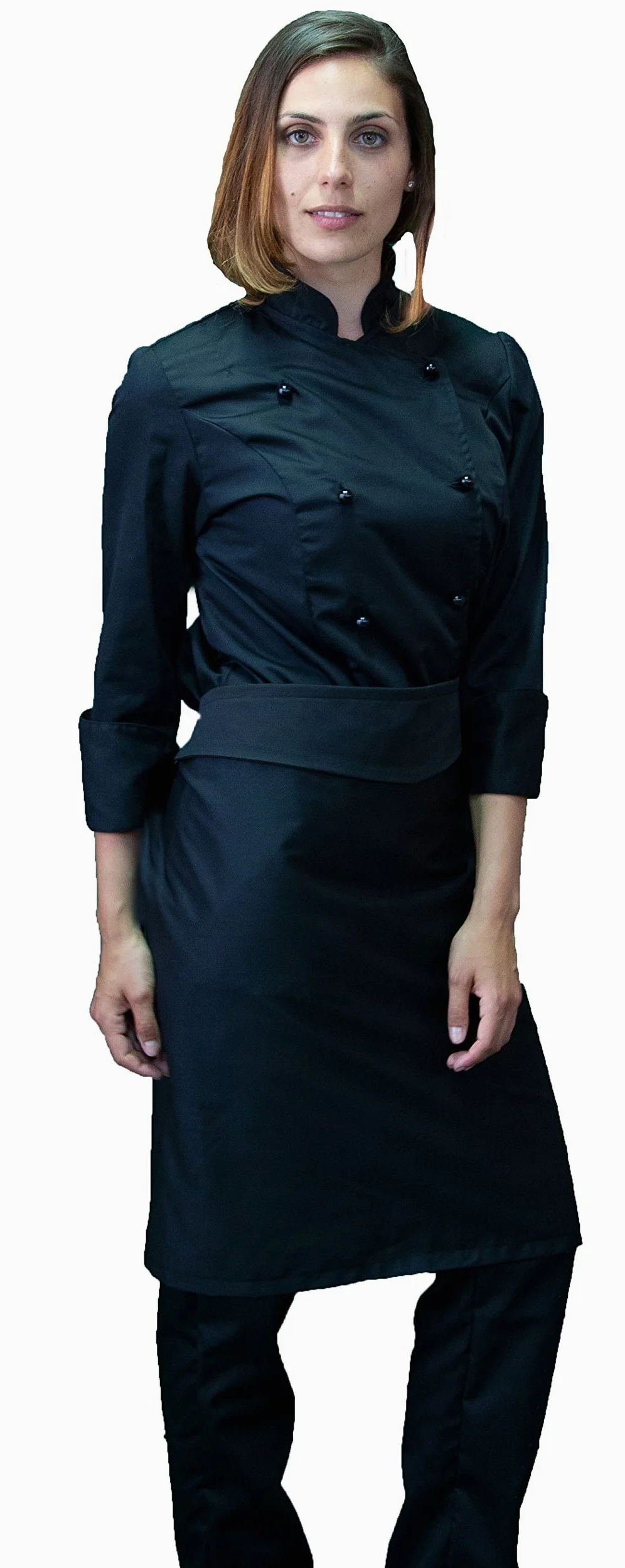 Ricamo Gratuito - Divisa cocinero mujer negra - Chaqueta, pantalón y delantal - Completo para cocina y restaurante - Made in Italy