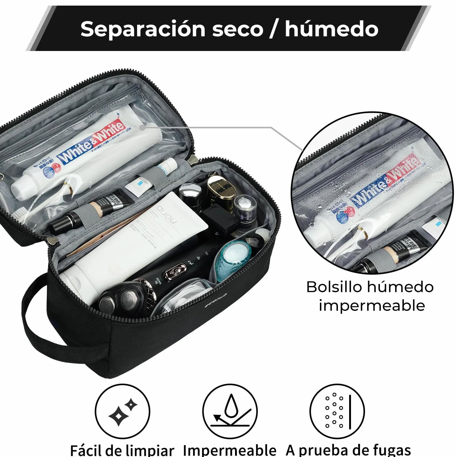 ECOHUB Neceser Hombre de Viaje, Impermeable Bolsa de Aseo, Bolsa Aseo con Separación Seco Húmedo, Neceser Organizador, Patente Pendiente(Negro-1)