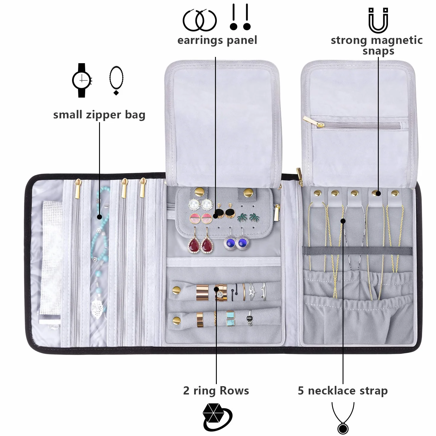 Teamoy Roll para Joyería Organizador de Joyas Estuche de Viaje para Collares, Pendientes, Pulseras, broches, 3 Carpetas, Varios departamentos