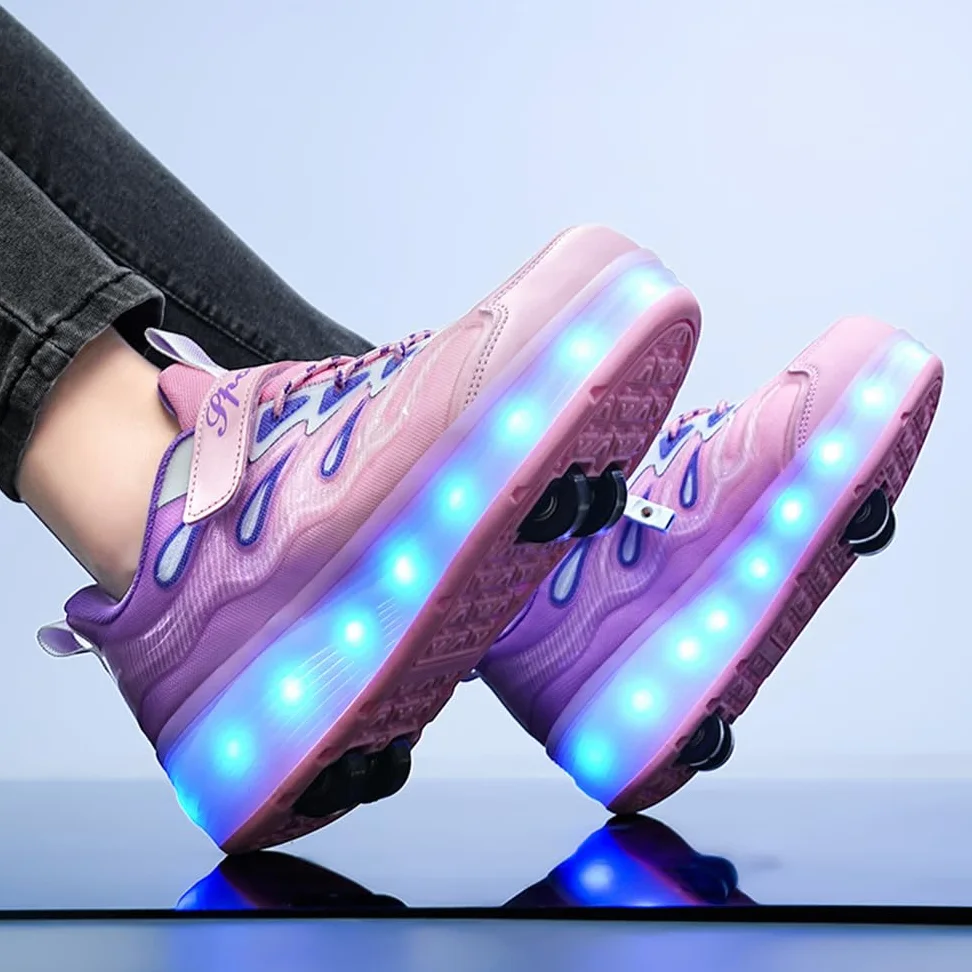 Hixingo Zapatillas con Ruedas Niña Niño, Zapatos con 4 Ruedas para Niñas con LED 2 en 1 Zapatillas Patines Zapatillas Ruedas Niño, Degradado de Color Calzado de Skateboarding Multifuncionales