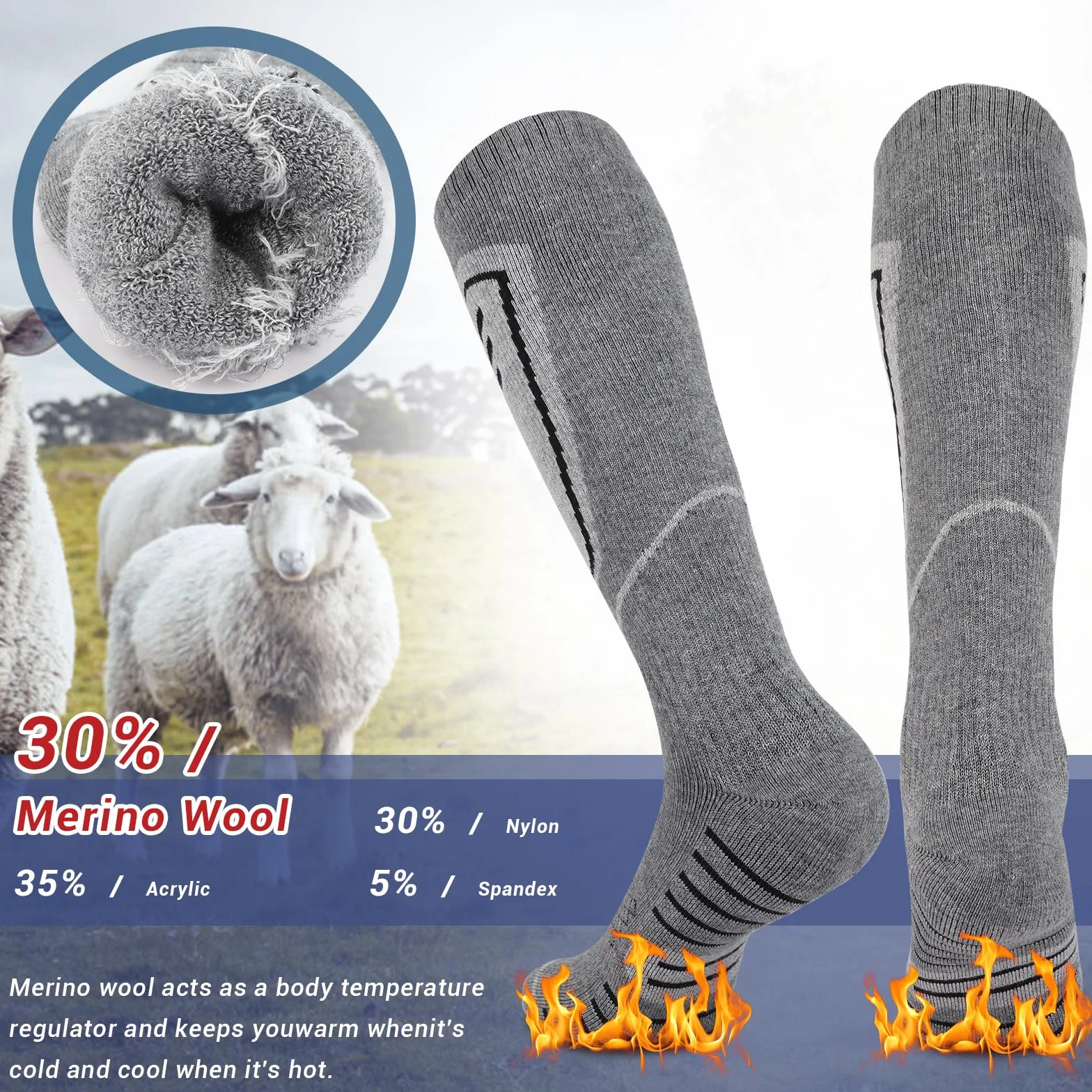 2 Pares Calcetines Esqui Lana Merino, Calcetines de Esquí Hombre y Mujer para Esquiar, Snowboard y Deportes de Invierno al Aire Libre