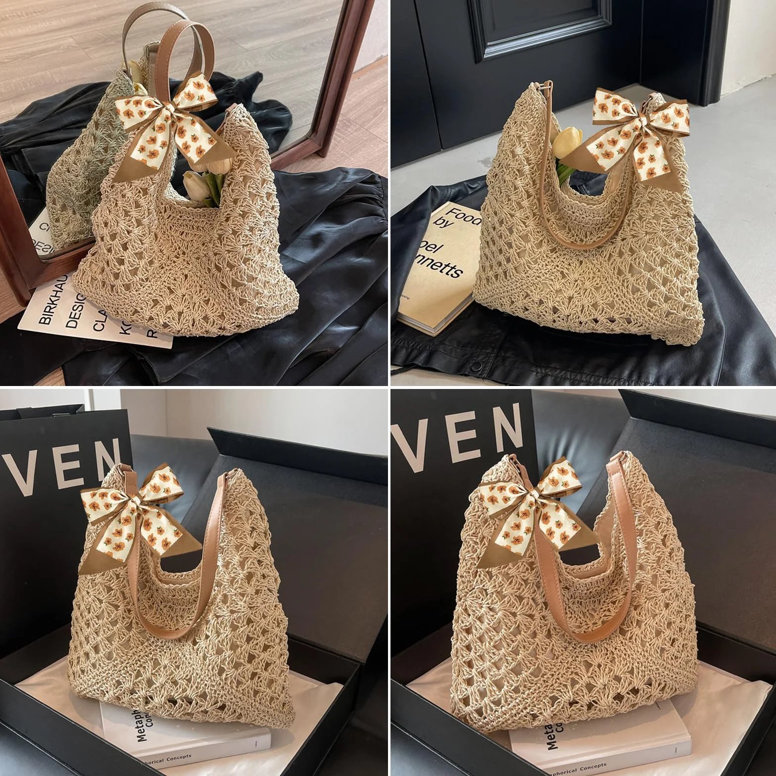 Bolsos de Paja Mujer Verano, Elegante Bolso de Mano Bohemio, Práctico Bolso de Hombro Rafia para Mujer, Bolsos Tejidos Crochet, Tote Bag Para Viaje Fiesta Vacaciones (Beige)