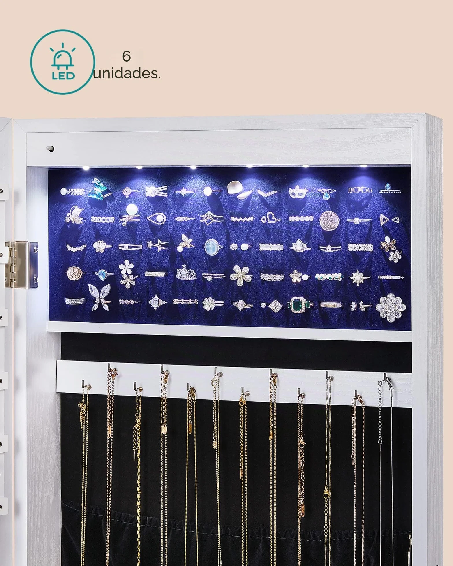 SONGMICS Espejo Joyero de Pared, Espejo Joyero Colgante sin Marco, Armario de Joyas con 6 LEDs para Colgar en la Pared o en la Puerta, Gran Capacidad con 2 Cajones, Blanco JJC99WT