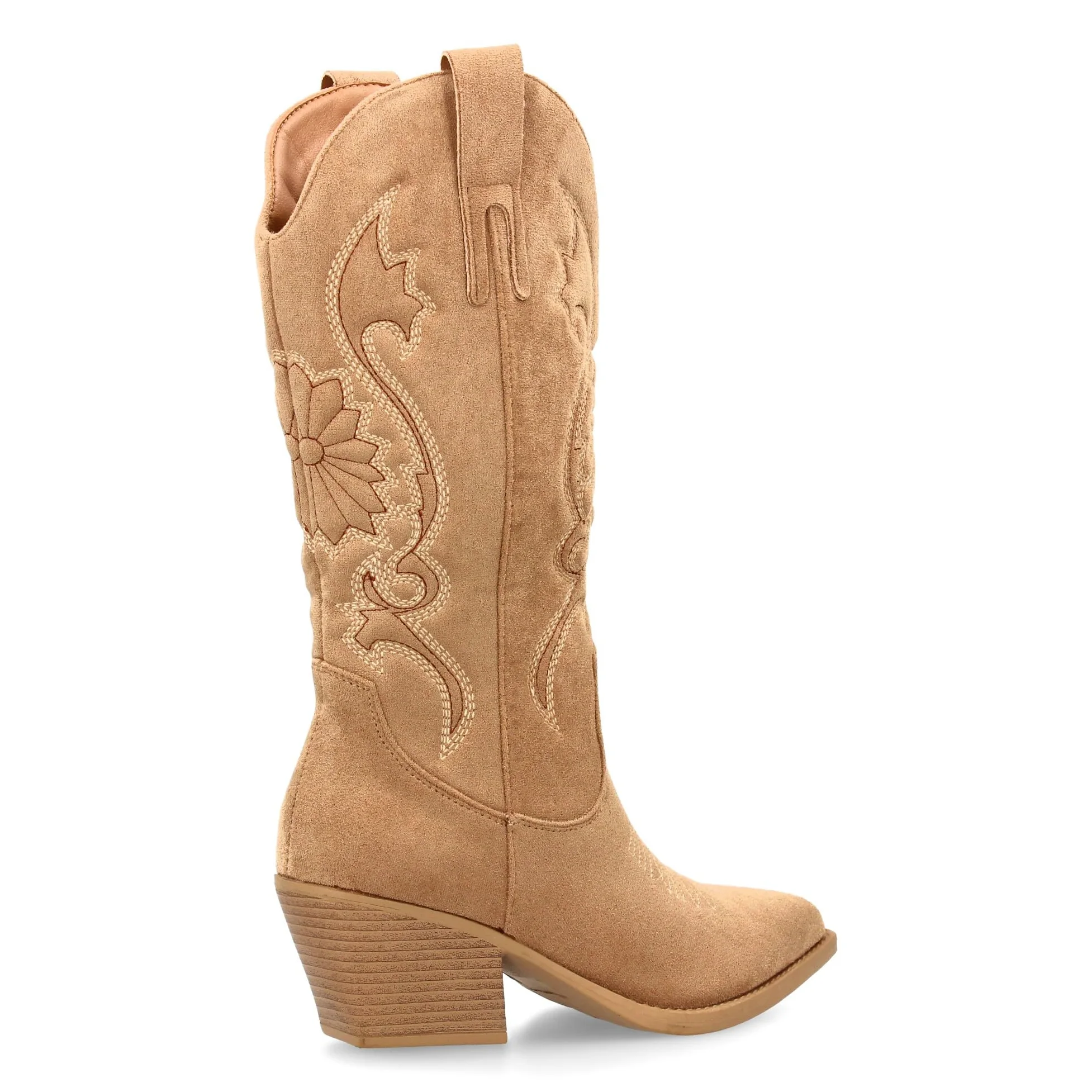 Bota Cowboy de Cana Alta con Bordados para Mujer. Tacon Medio y Punta Fina, Estampado Liso. Estilo campero y Cierre de Cremallera, Ideales para Temporada Otono Invierno.