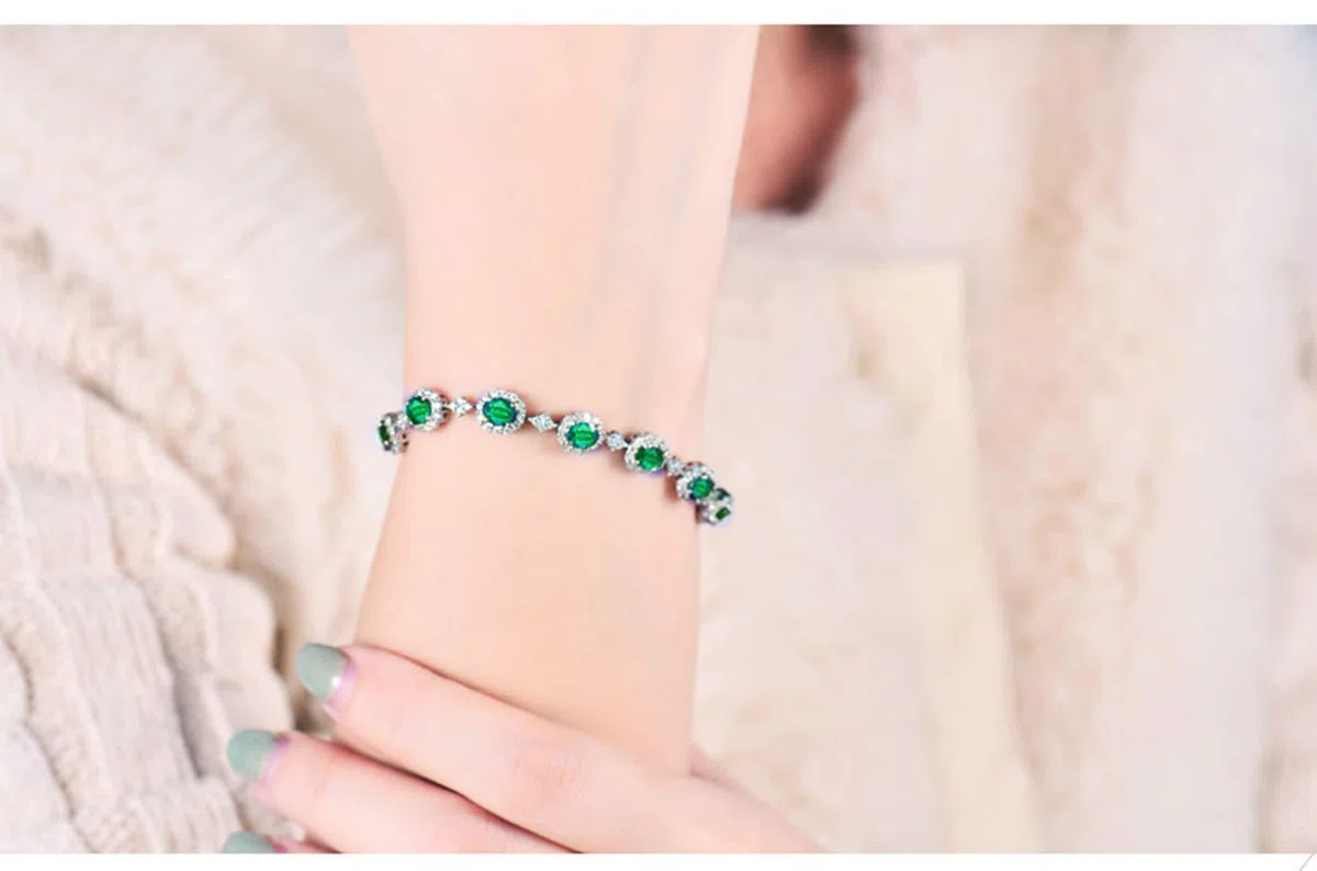 Pulseras de Mujer de Oro Blanco 9Kilates / 14Kilates / 18Kilates, Oval con Esmeralda de 2,4 ct y Diamante de 0,81 ct, Cadena Extensible 16 CM + 5 CM, Pulsera Mujer Ajustable Plata Verde