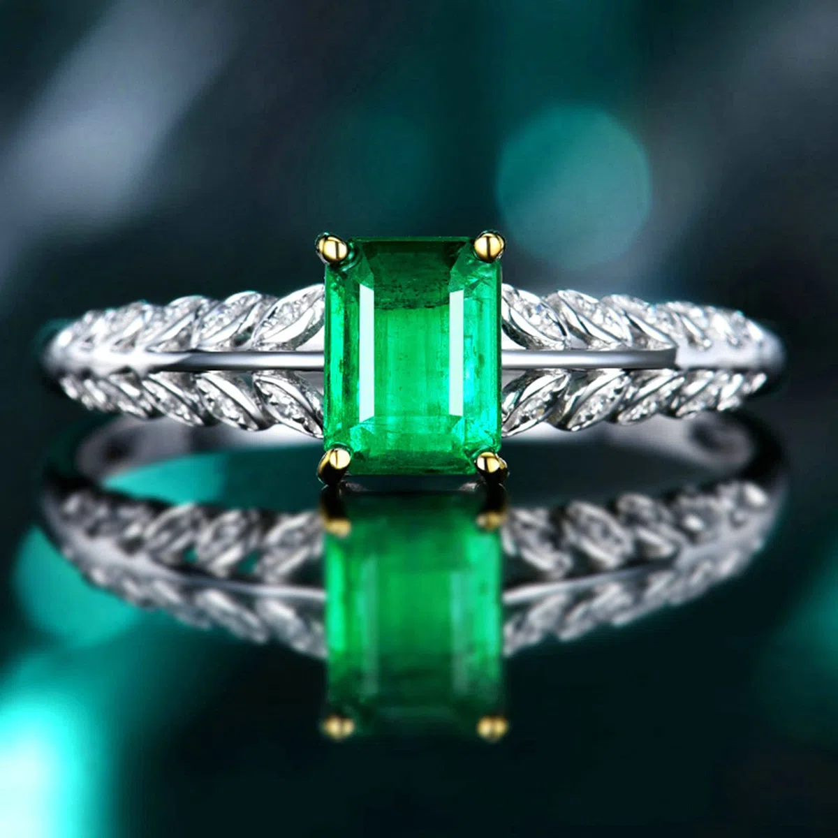 Anillo de boda para mujer de platino, talla 1/2-V 1/2, anillos de compromiso con hojas de 4 garras con esmeralda de 1 ct y moissanita