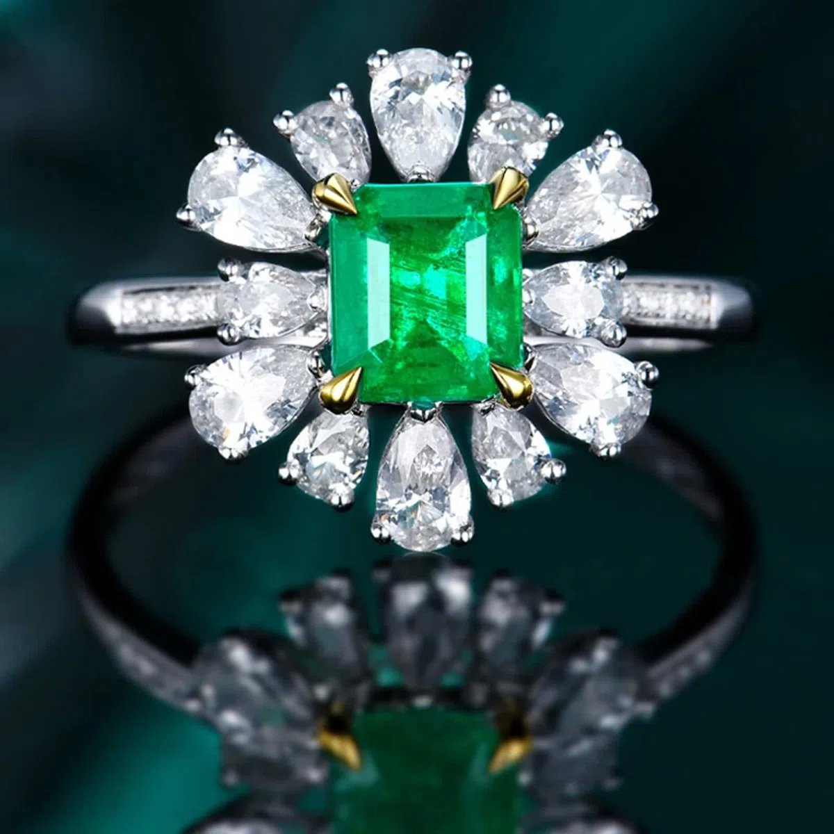 Anillos Mujer Plata Compromiso, Anillo Mujer Noviazgo Cuadrado de 4 Garras con Incrustaciones de Forma de Flor Esmeralda