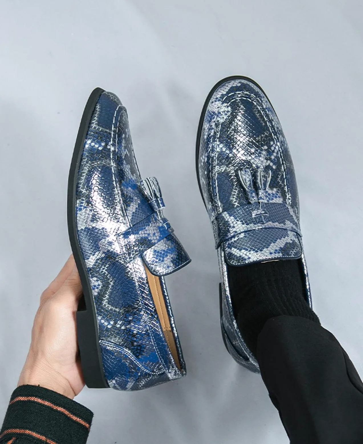 Mocasines de Hombre con Borlas Estampado de Serpiente Zapatos de Vestir Piel Sintética Deslizables Elegantes Boda Negocios Casual