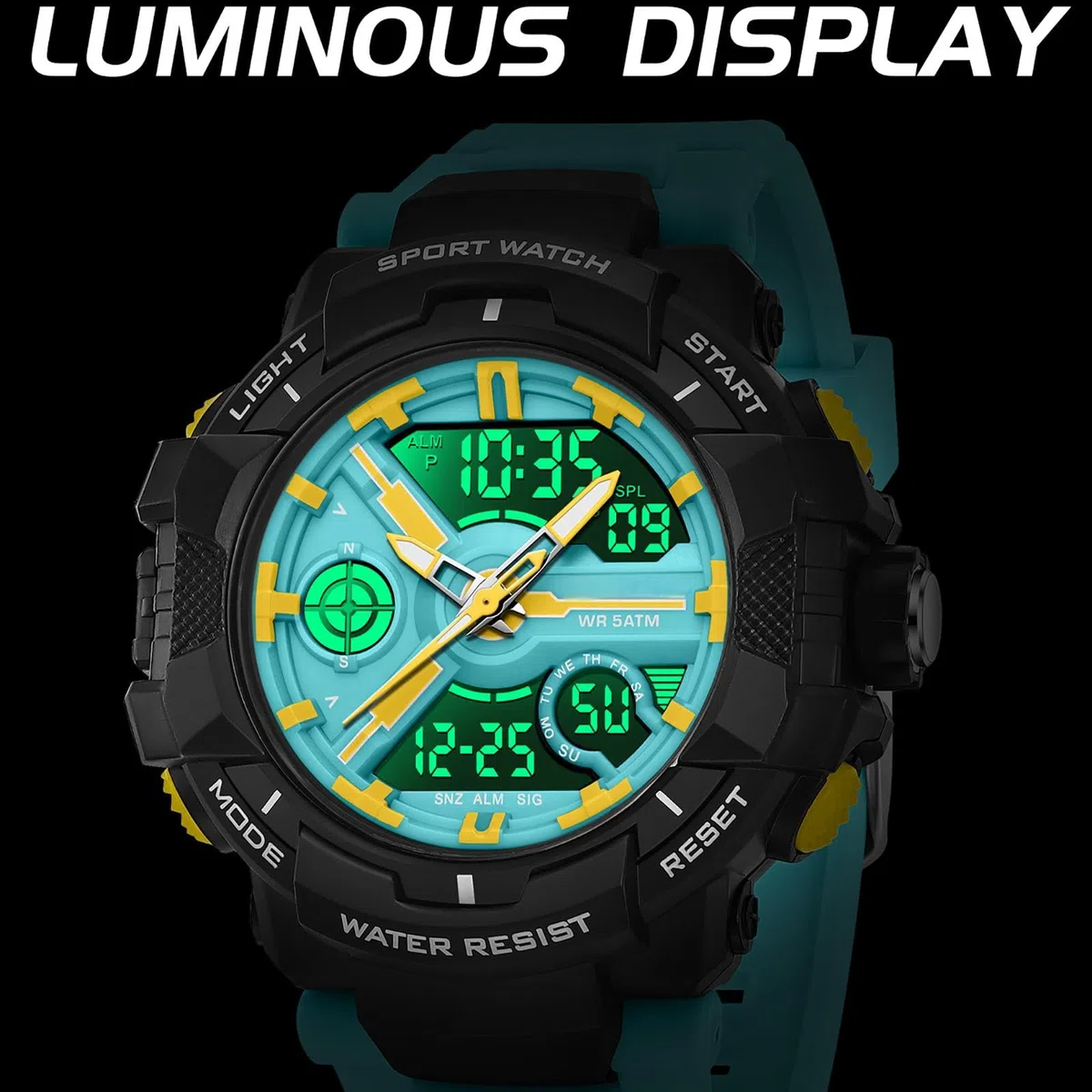 Relojes coloridos para hombre, para deportes al aire libre, resistente al agua, con alarma LED, fecha, doble dial y cronómetro