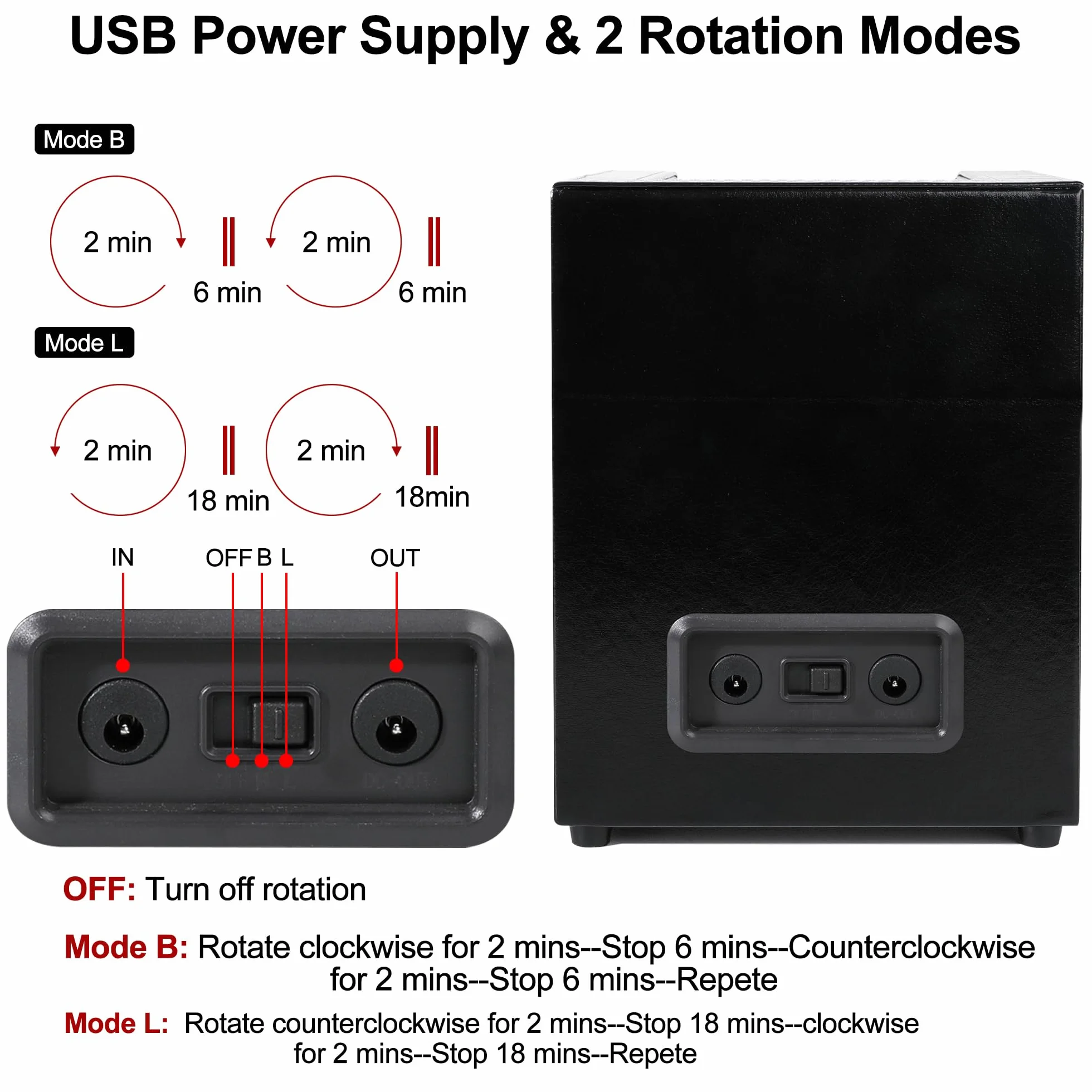 Caja giratoria para 2 relojes automáticos USB, piel sintética, motor silencioso, negro