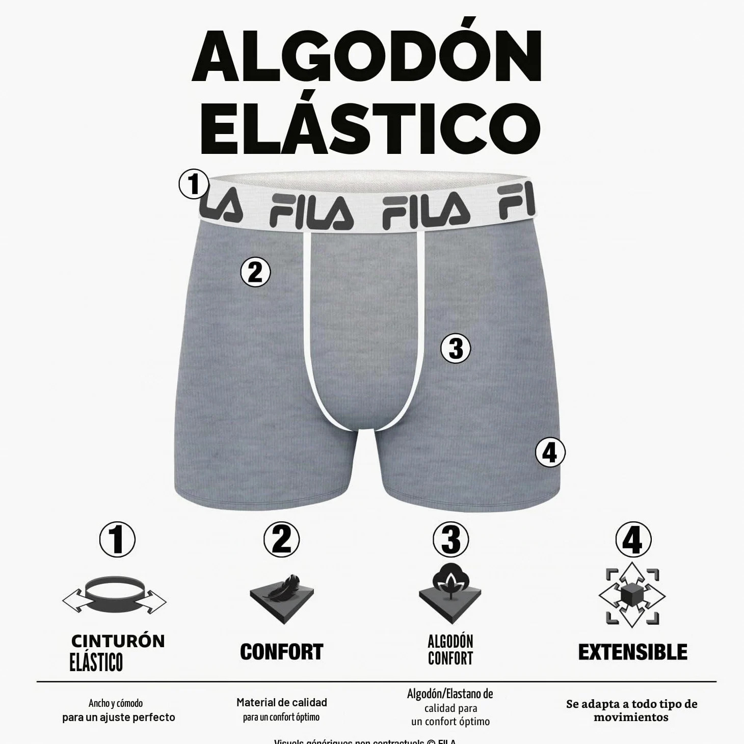 FILA Calzoncillos Hombre Boxer Algodón, Ropa Interior Hombre, Suave, Cinturón Antideslizante (Lote de 4) | Hombre, Corte ajustado, Elástico, Sujeción óptima, Uso diario