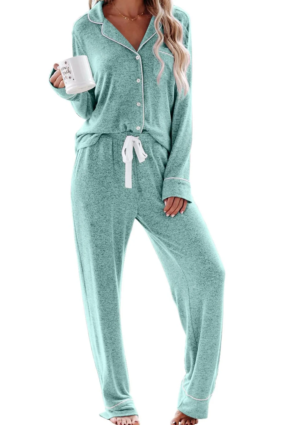Aamikast Pijama Largo para Mujer con Botones, Ropa de Dormir de Dos Piezas