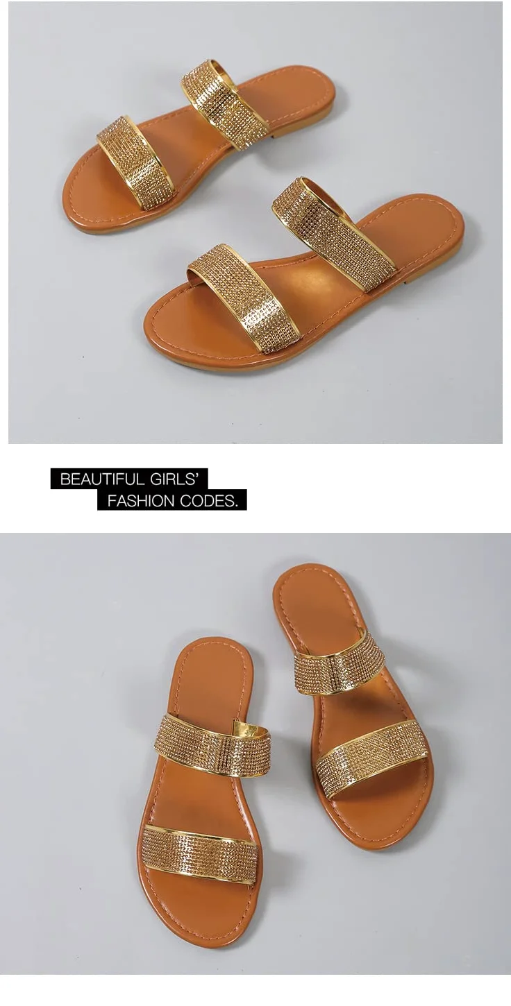 Flip Flop Mujer Mujeres De Verano Rhinestone Estilo Romano Sandalias Y Zapatillas Al Aire Libre Una Palabra con Zapatillas De Playa De Fondo Plano