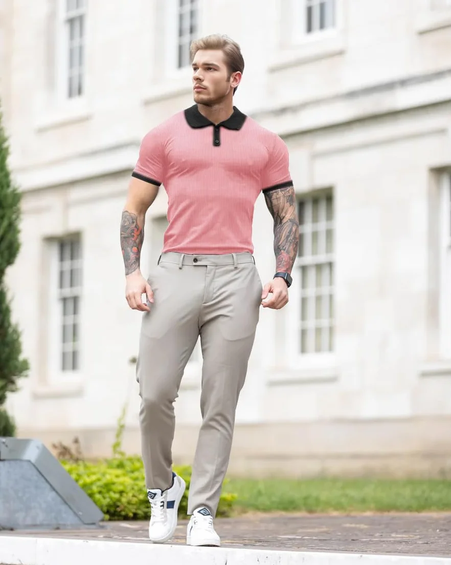 Camiseta Hombre Slim Fit Manga Larga Corta Color Sólido Elástica Golf