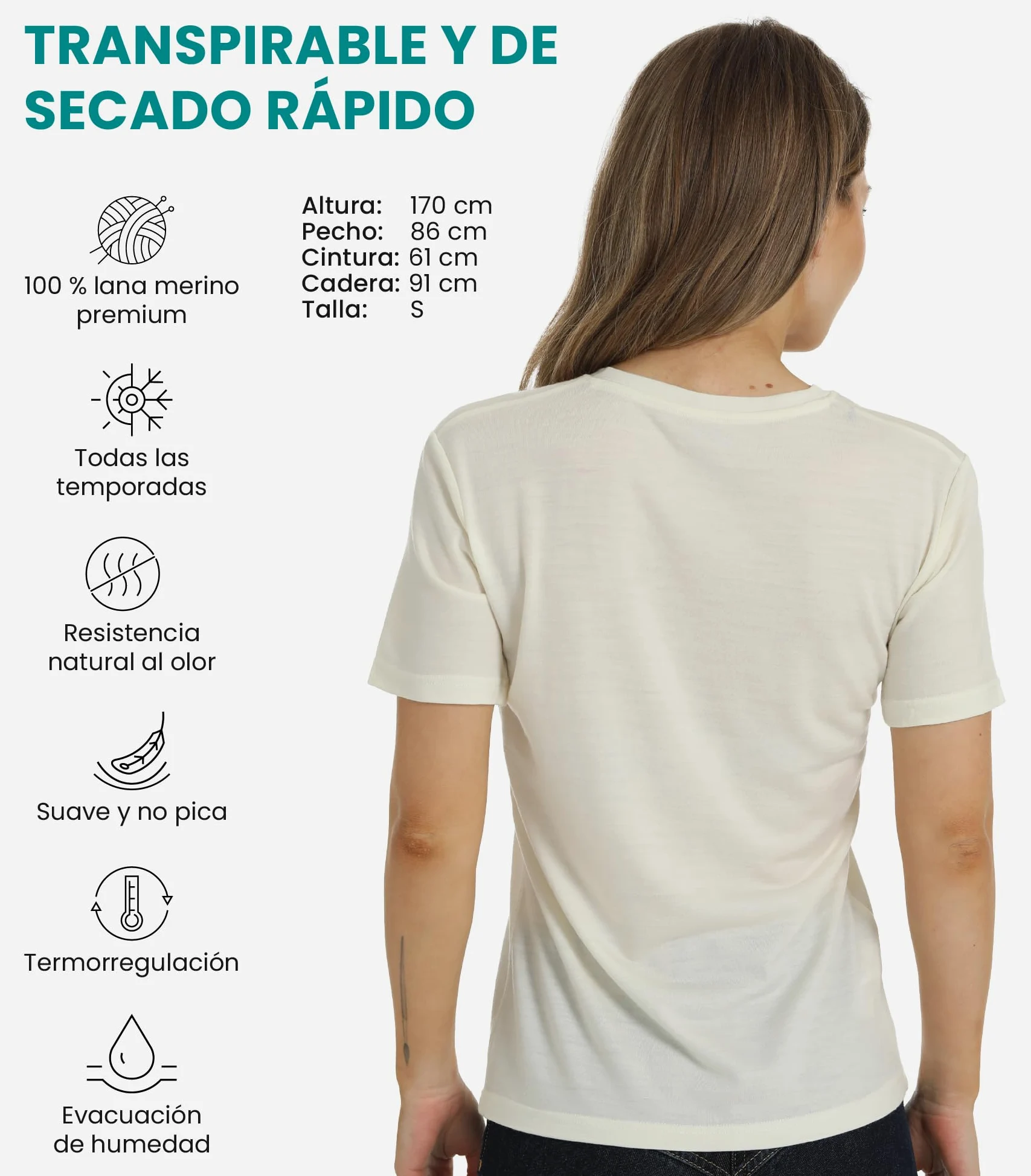 Merino.tech Camiseta Termica Lana Merino Mujer - Ropa Interior Base Layer 100% Lana Merino para Mujer (Large, White Creamy V-Neck)