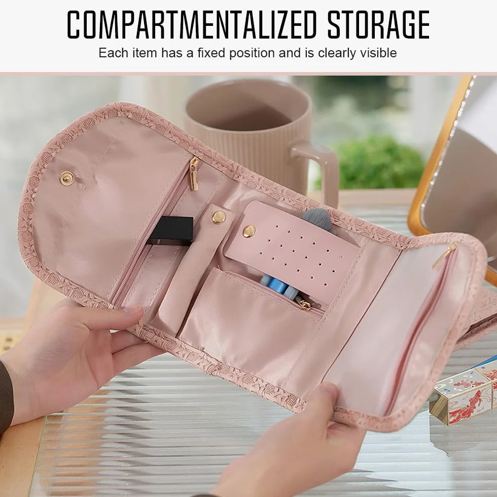Bolsa de rodillos para joyas, organizador de viaje, piel sintética, almacenamiento para pendientes, rosa