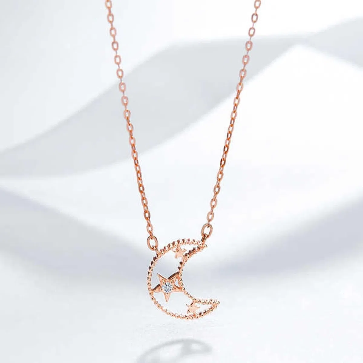 Collar largo con colgante para mujer, luna y estrella de moda con diamante de forma redonda, oro rosa de 9 quilates, 14 y 18 quilates