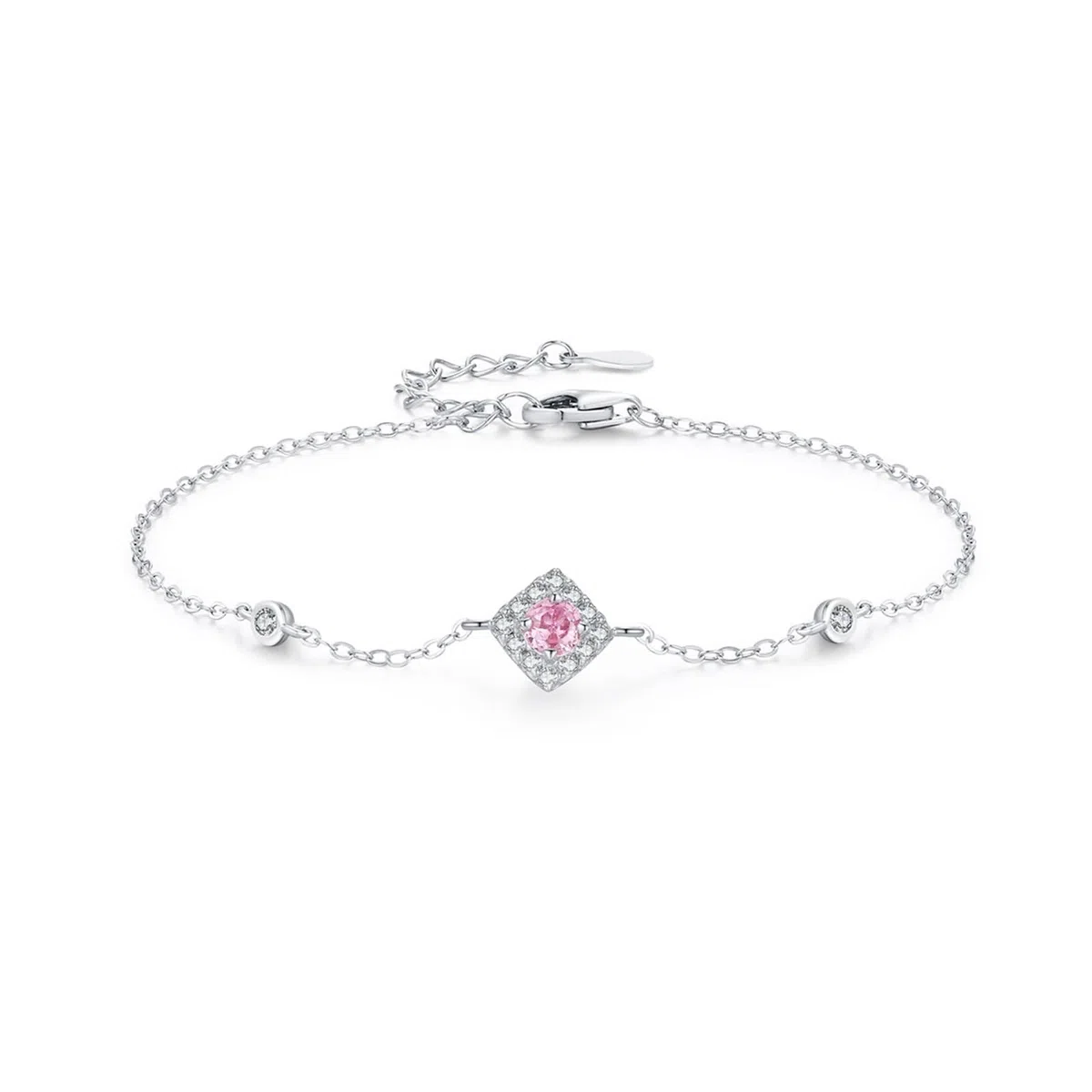 Pulsera Mujer de Oro Blanco de 9Kilates / 14Kilates / 18Kilates, Rombo y Redondo con Diamante Creado y Moissanita, Cadena Extensible 16 CM + 5 CM, Pulseras Ajustable Mujer Plata Rosa