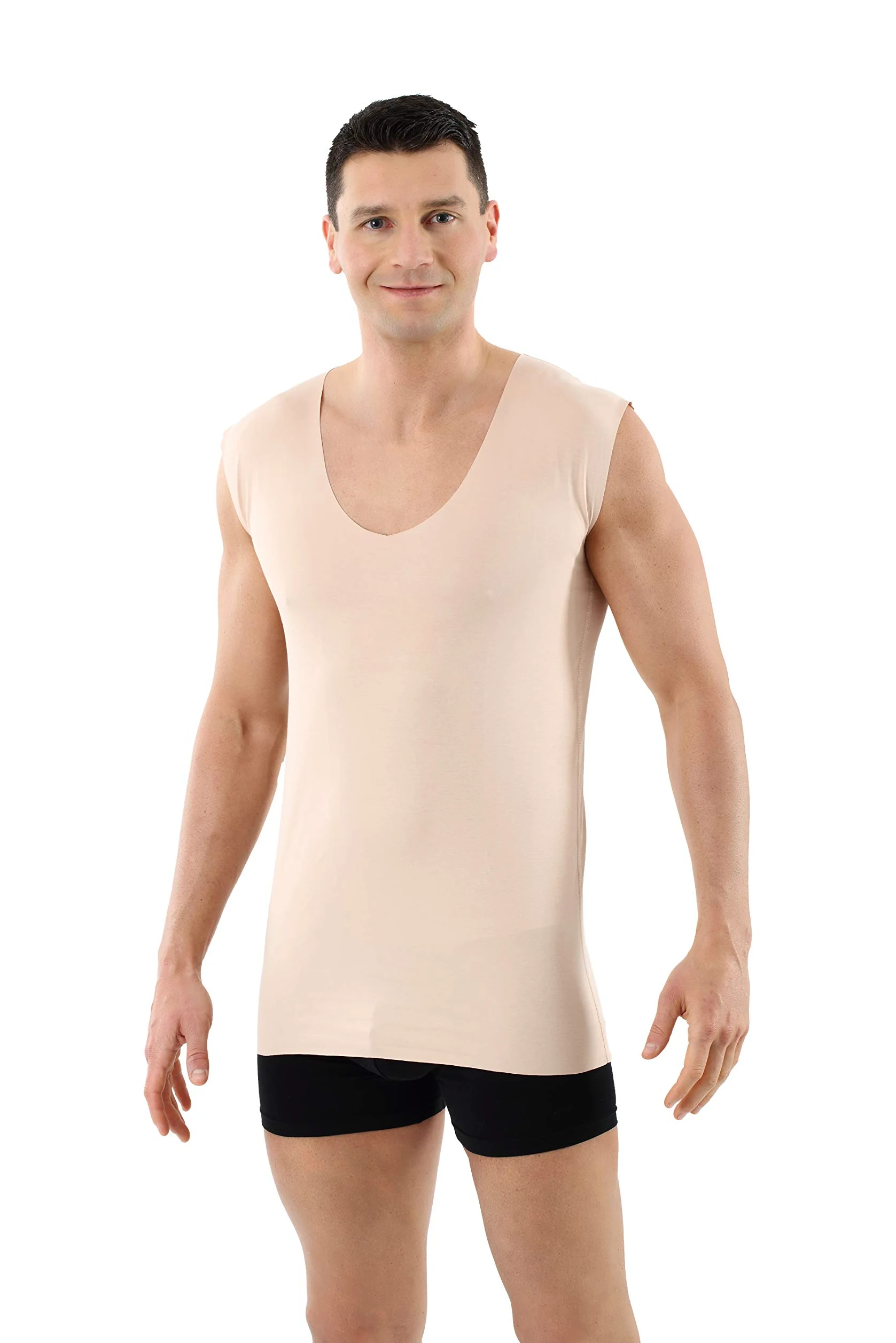 ALBERT KREUZ Camiseta Interior Invisible sin Mangas en Tejido algodón Elastico Clean Cut sin Costuras con Cuello en V Profundo Color Piel