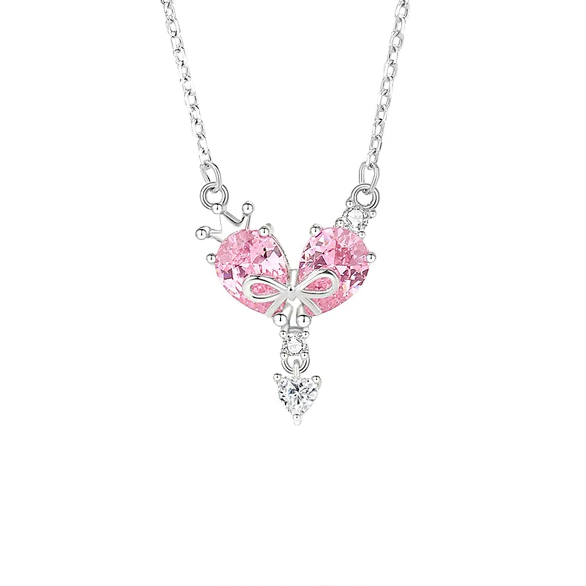 Collar para mujer, joyería de moda, oro blanco de 9 quilates, 14 quilates, 18 quilates, collar de platino, con colgante de corazón y lazo con zafiro rosa creado en laboratorio, 45 cm