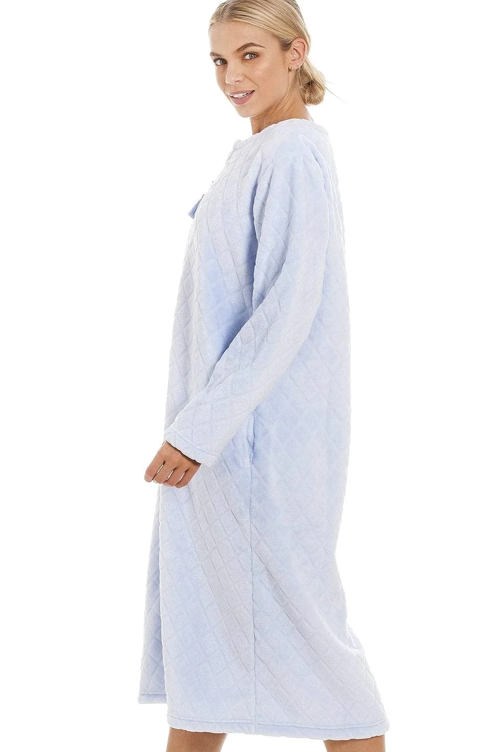 Camille Bata de baño de forro polar súper suave con cremallera para mujer, longitud a la pantorrilla, con estampado de diamantes, cierre de cremallera, mangas largas y bolsillos, ligera, de lujo