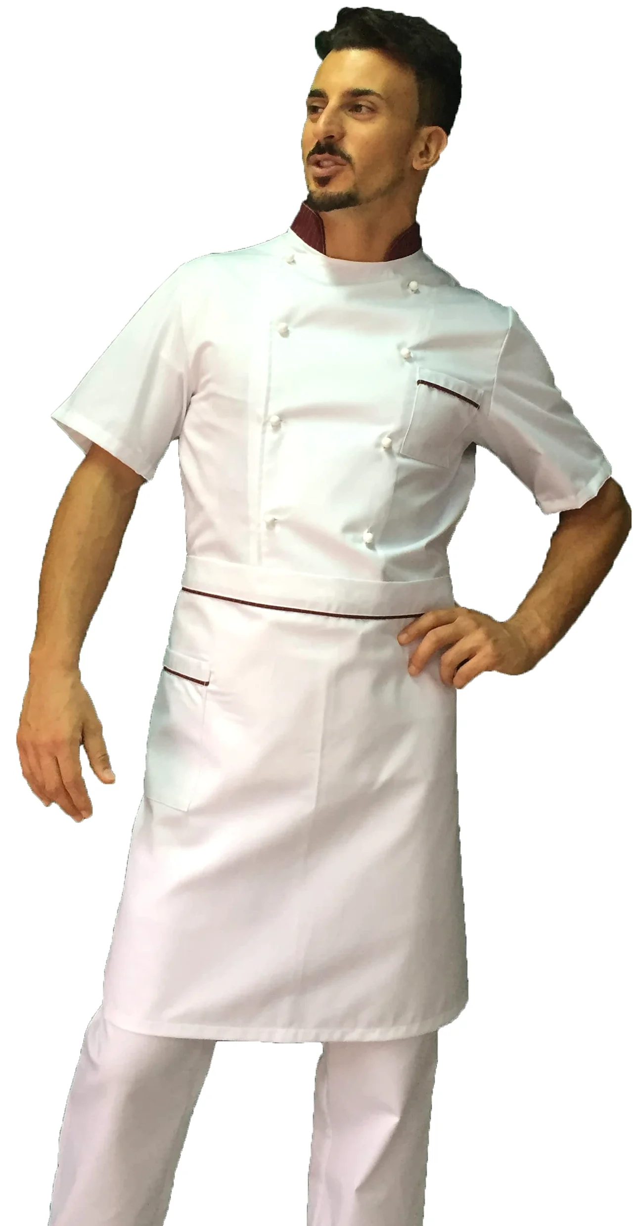 Bordado gratuito – Conjunto de cocinero para hombre – Blanco burdeos – Camiseta de chef de manga corta – Chaqueta, pantalones y delantal – 100% algodón – Uniforme para cocina y