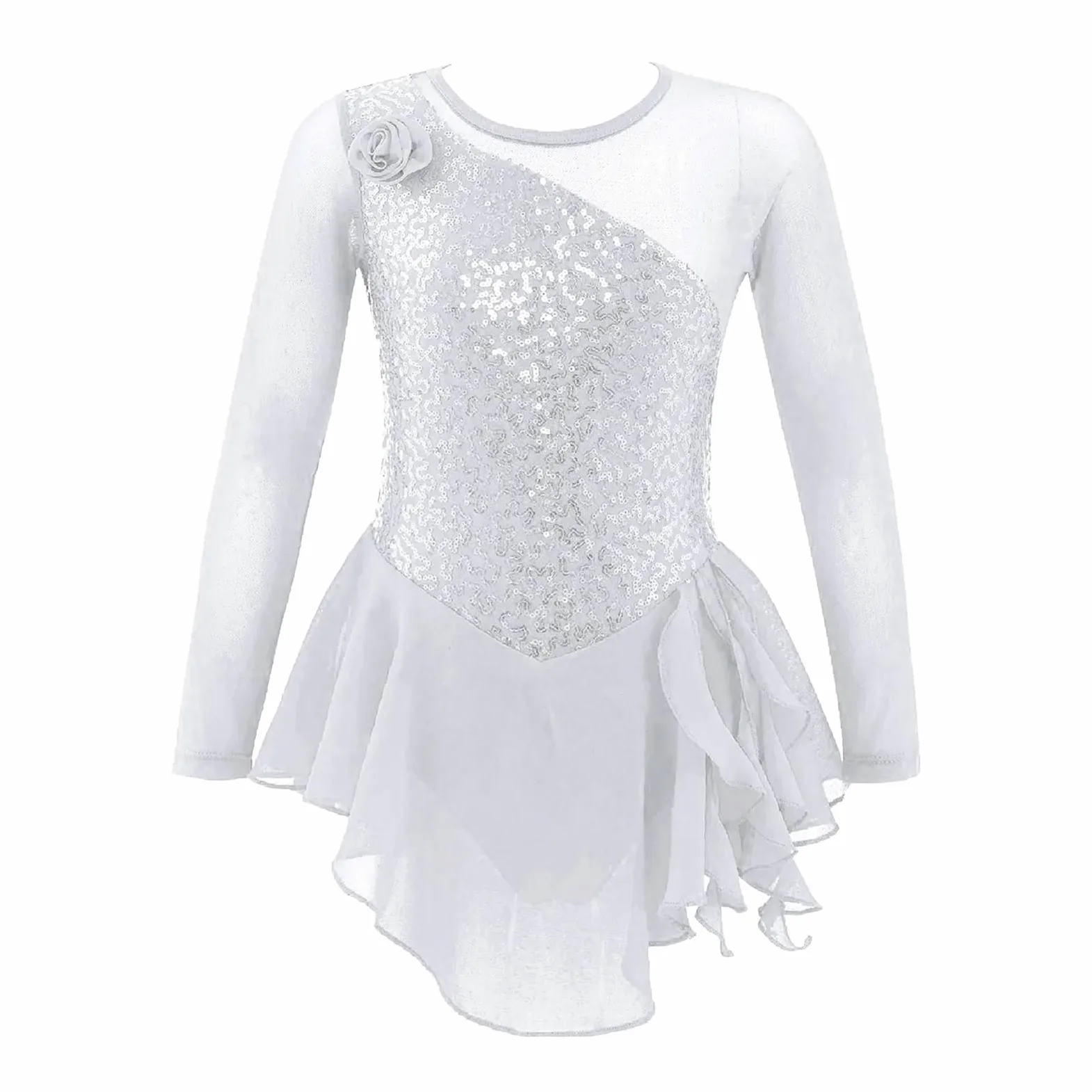 Maillot patinaje artistico Vestido de leotardo gimnástico con lentejuelas for niñas, traje de baile for niños, vestido de patinaje sobre hielo de manga larga de malla, Ropa de baile for actuaciones(Wh