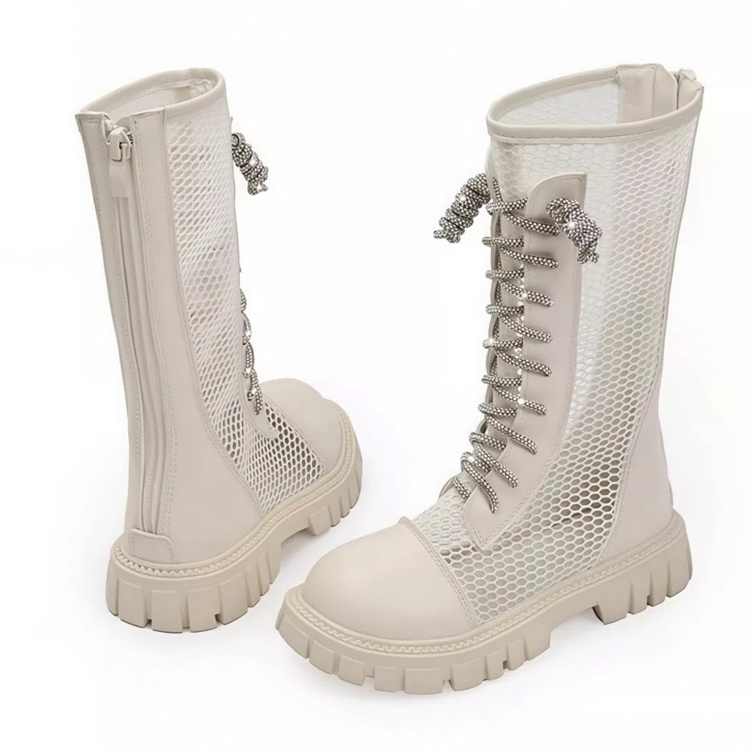 Botas de combate hasta la rodilla para niñas, de malla transpirable, huecos, sandalias romanas con cremallera