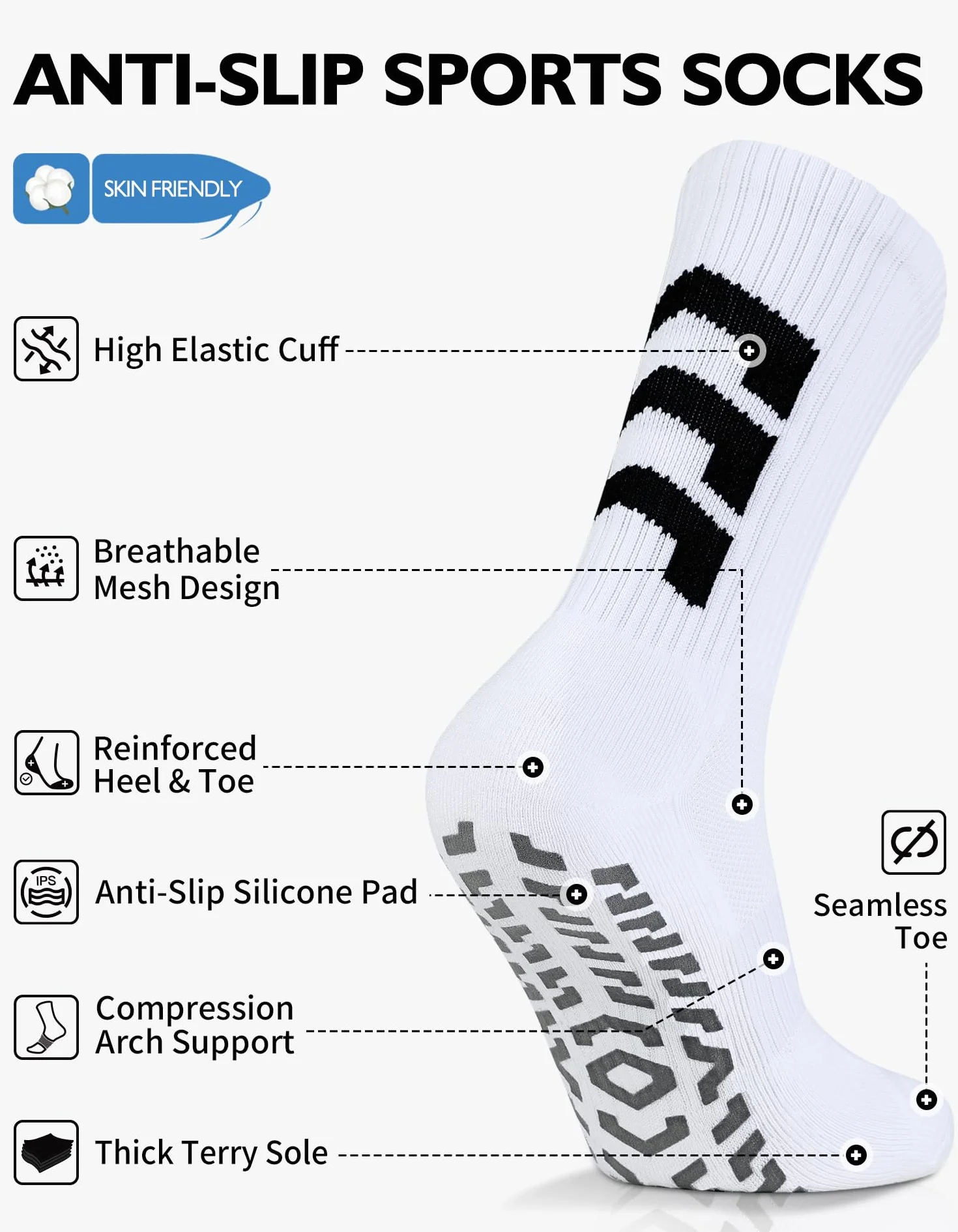 CLOSEMATE Calcetines Antideslizantes Futbol 3 Pares Deporte Altos Transpirables Baloncesto Blancos Negros