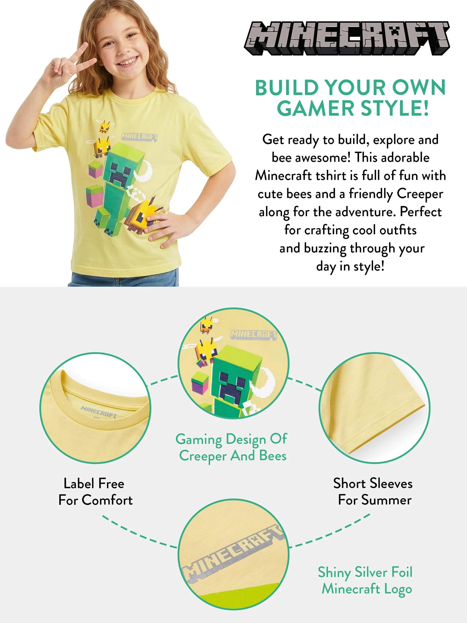Minecraft Camiseta para Gamers, Camiseta para Niña con Abejas Y Creeper, Camisetas de Manga Corta Niña