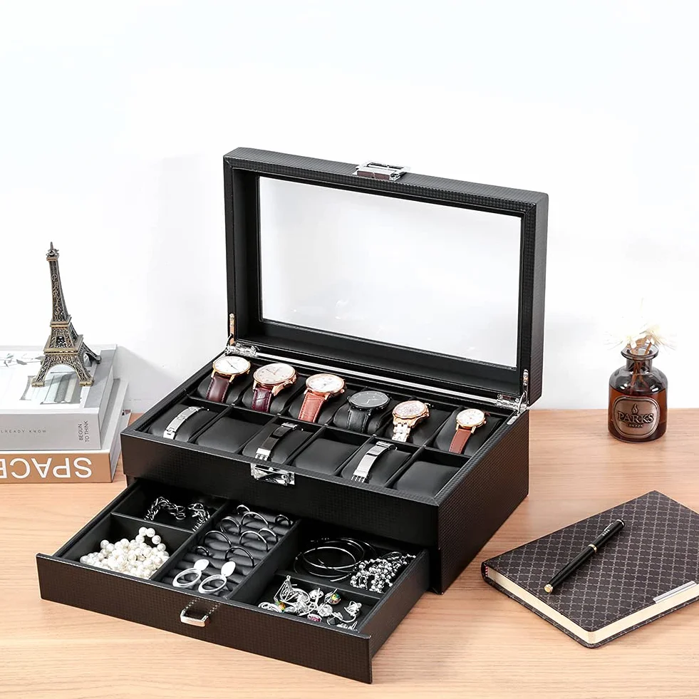 Caja para relojes con 2 niveles, caja de almacenamiento para relojes con tapa de cristal, caja de joyas, 12 compartimentos y 1 cajón para relojes, anillos, pulseras, Fibra de carbono--w60b