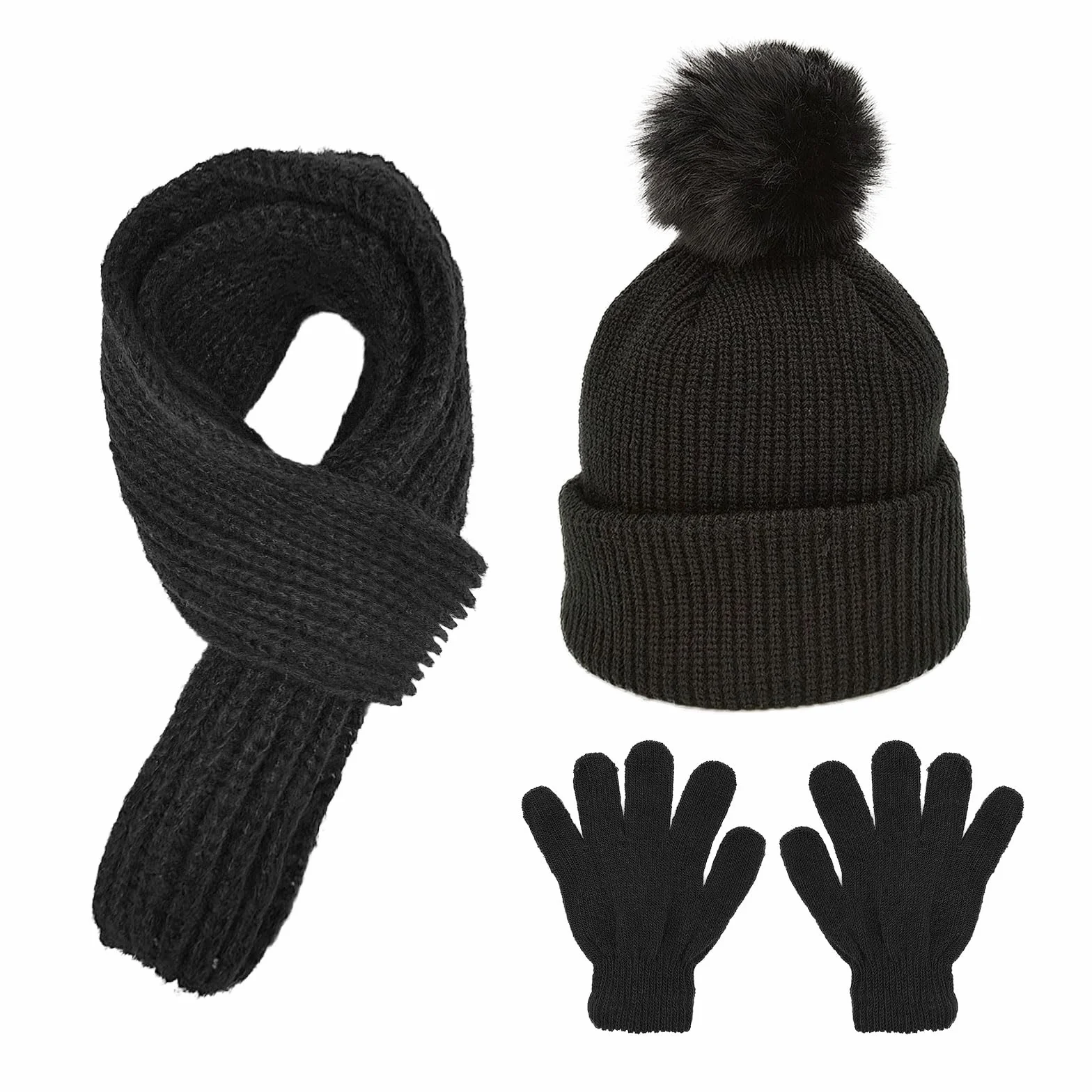 3 Pcs Set Invierno Cálido para Niños: Gorro Beanie, Bufanda y Guantes de Punto